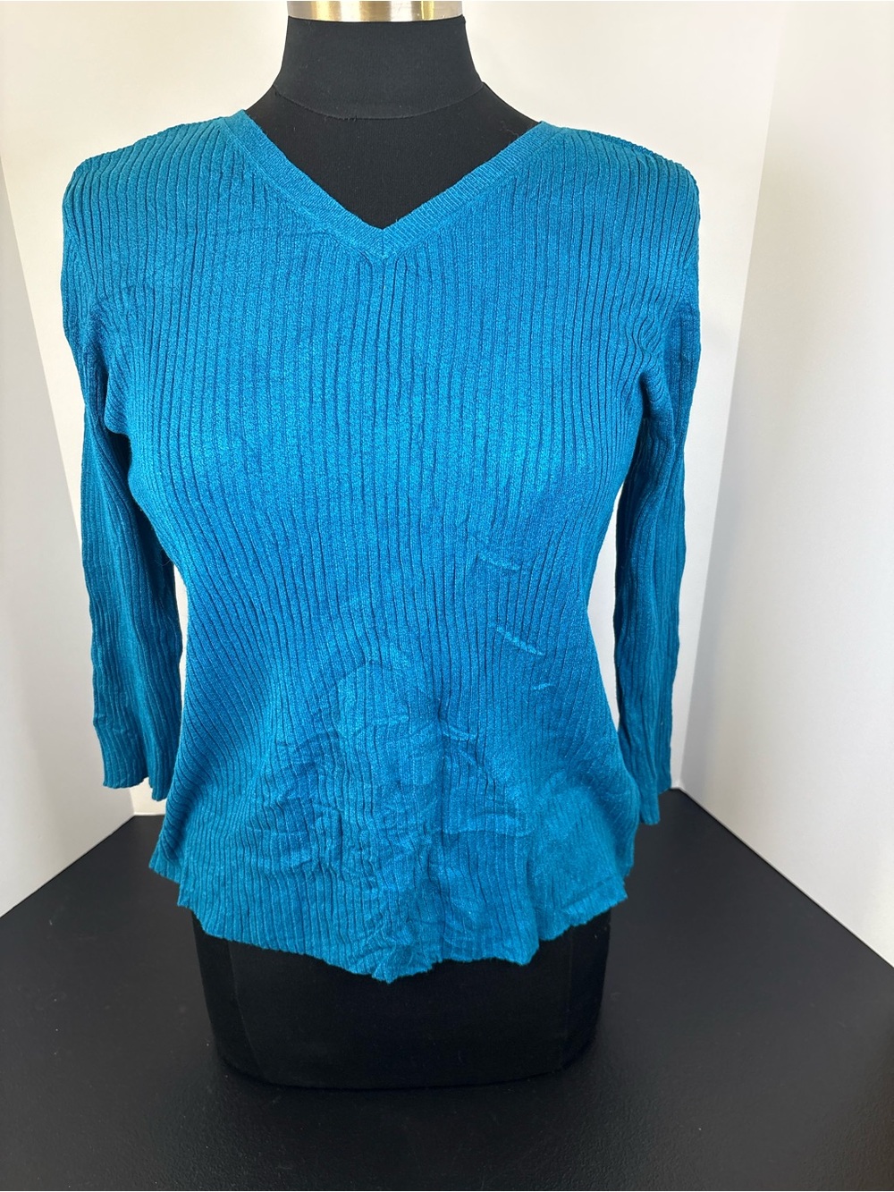 Worthington Teal Ribbed V-Neck Long Sleeve Top
